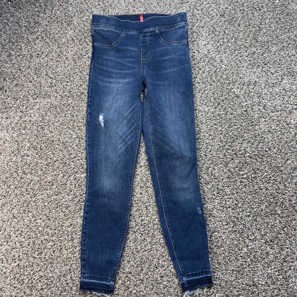 Spanx Women's S Ankle Skinny Jeans Distressed Raw Hem Dark Wash Pull On Denim